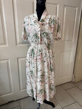 White Floral Tie-Neck Midi Dress with Pink & Green Print